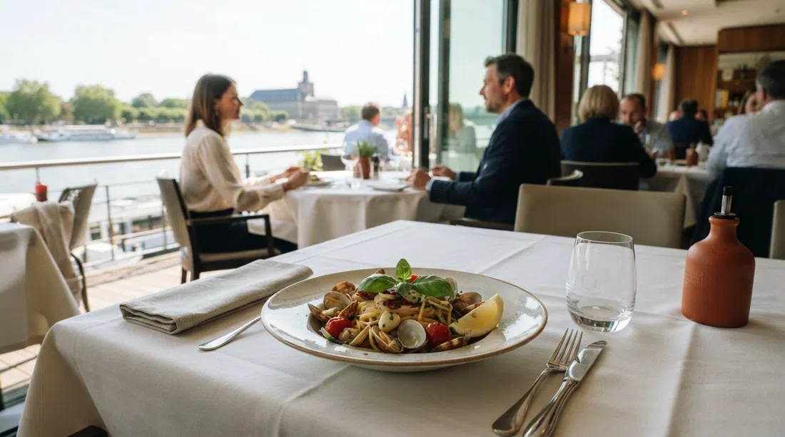 a plated Italian dish at Oliveto in the Ameron Königshof on Adenauerallee, elegant table setting with the Rhine terrace light in the background