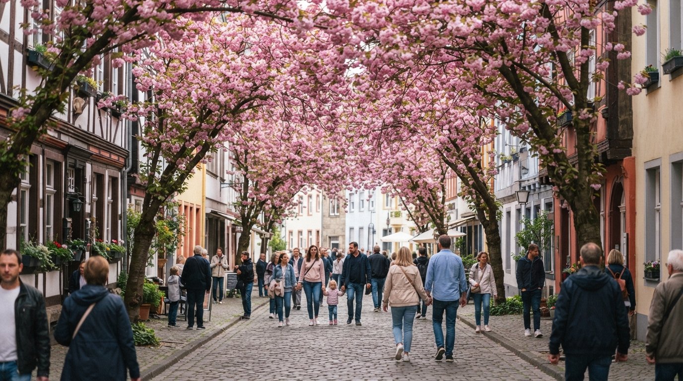 Heerstraße in Bonn’s Altstadt under a full cherry blossom canopy at peak bloom, pedestrians beneath dense pink Kanzan branches and façades half-hidden by petals