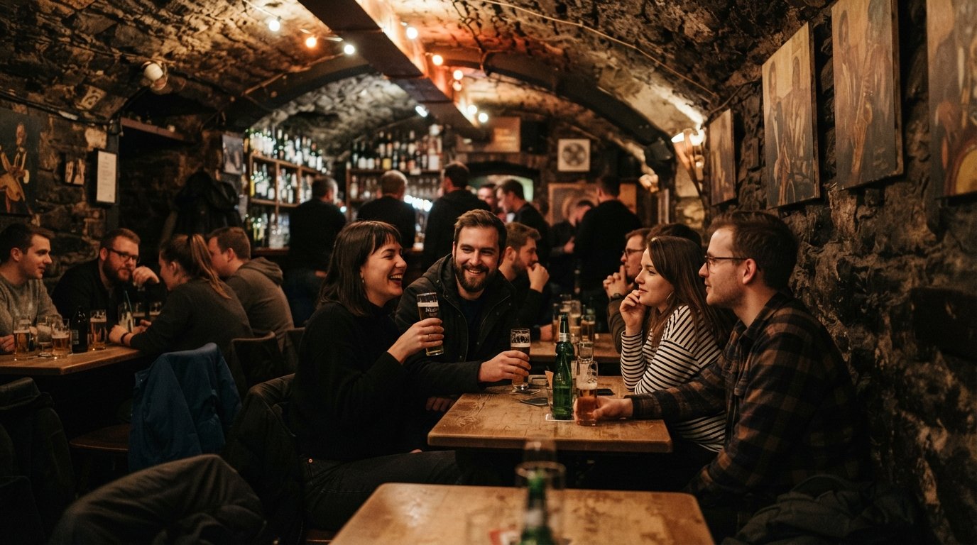Der Stachel on Maxstraße 30, a cash-only cellar pub under a vaulted ceiling with jazz-painted alcoves and low amber light at night