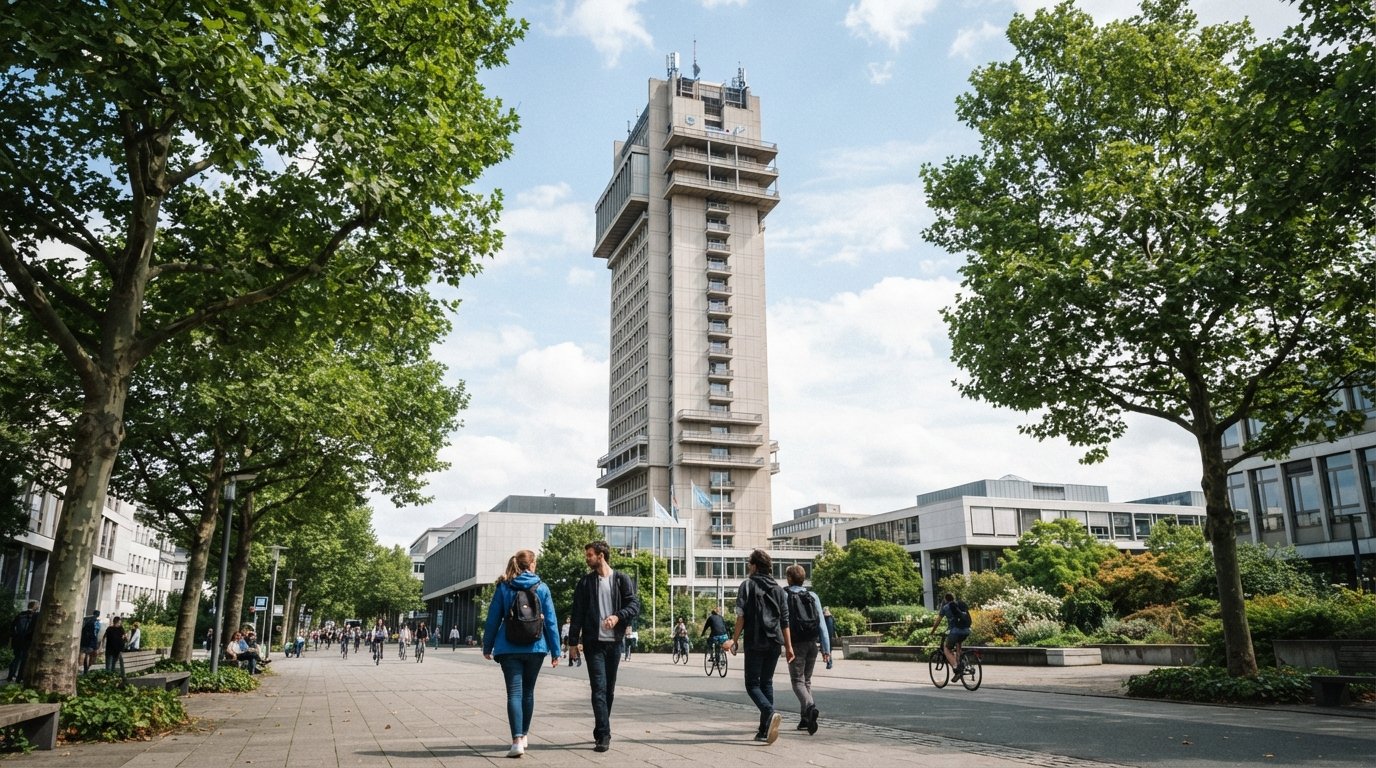 the Langer Eugen tower rising above the UN Campus in Bonn, seen from a low angle with mature trees and wide civic avenues in the foreground