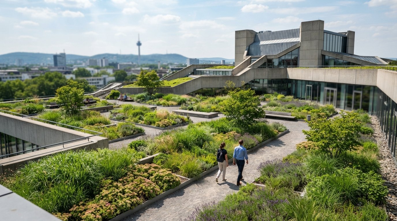 the Bundeskunsthalle rooftop garden in Bonn, with its geometric plantings and open sky above the museum’s modern concrete architecture
