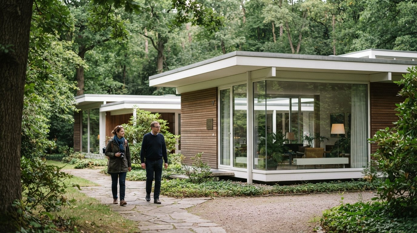 the low modernist Kanzlerbungalow in Bonn, partly hidden behind trees, photographed in soft daylight with its clean horizontal lines