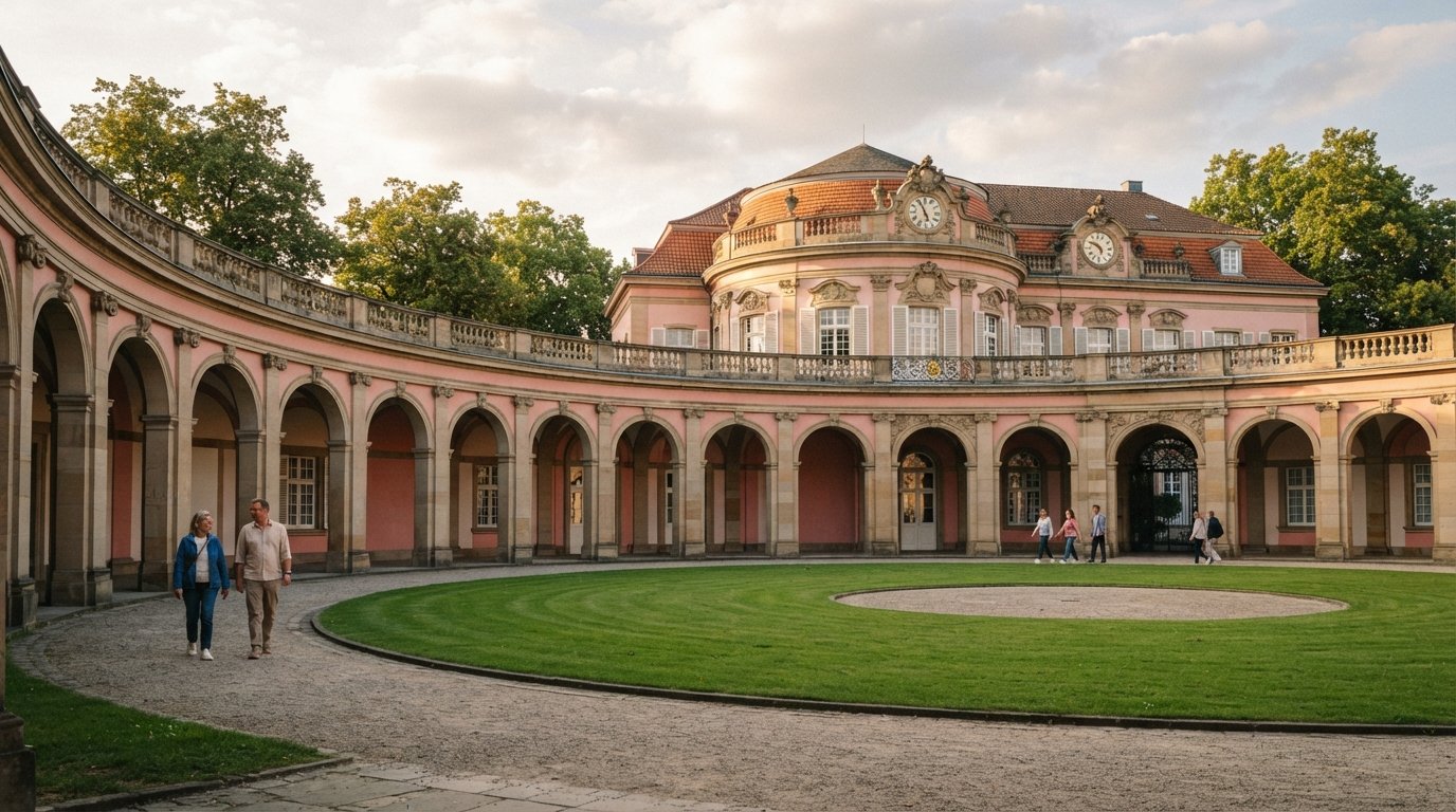 Poppelsdorfer Schloss in Bonn at soft afternoon light, its pink baroque facade and rare circular arcaded courtyard framed by the university grounds