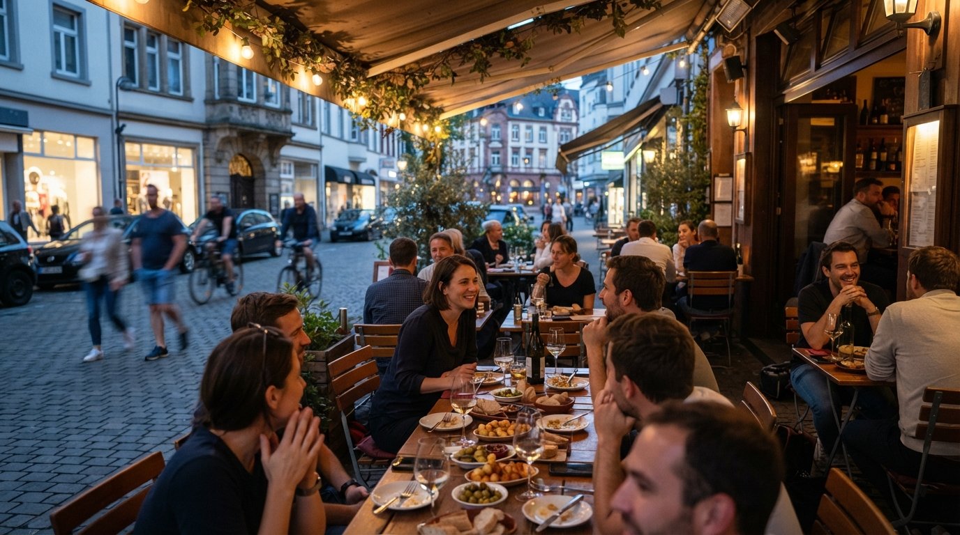 La Loca on Clemens-August-Straße in Bonn, with a covered terrace set for evening tapas and glasses catching the street light