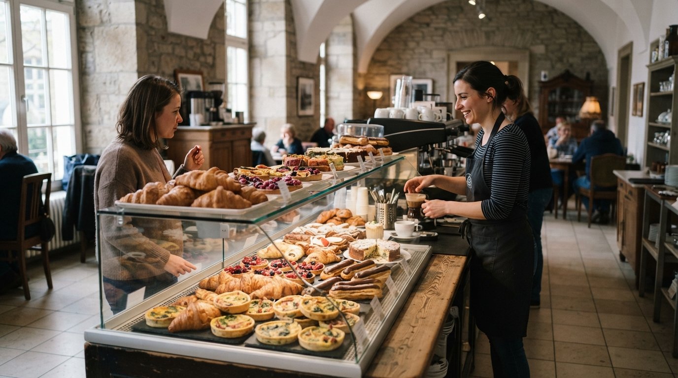 A pastry counter at Schloss-Café Poppelsdorf on Clemens-August-Straße, with croissants, tartes and quiches arranged behind glass in daylight