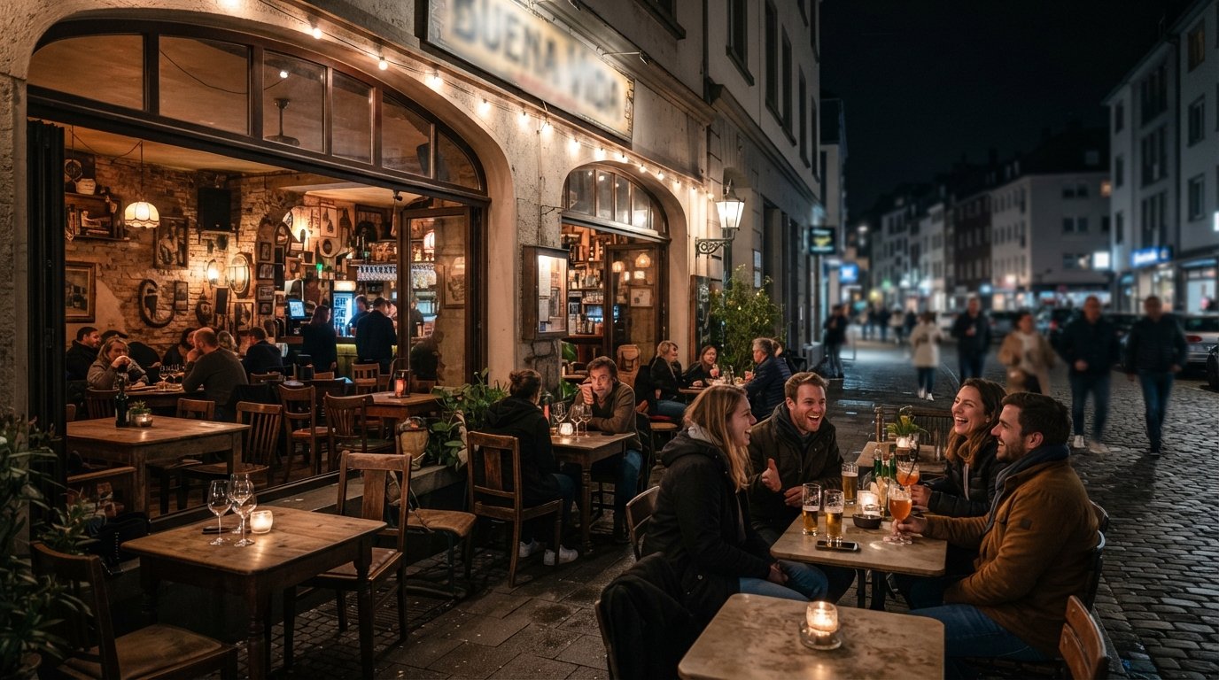 Buena Vida Havanna at Clemens-August-Straße 1 in Bonn, vintage furniture inside and terrace tables looking out onto the lively street at night