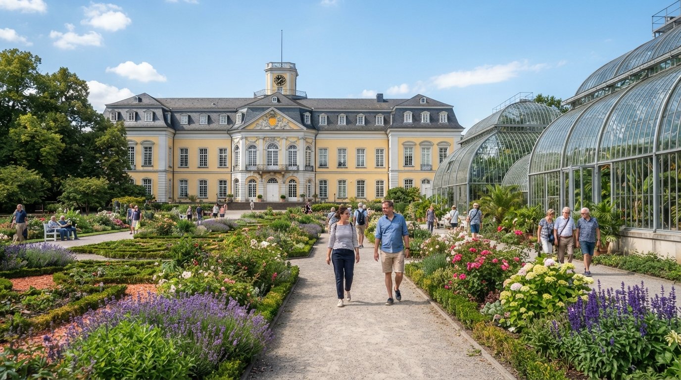 The Botanical Gardens around Poppelsdorfer Schloss in Bonn, with greenhouse glass, formal beds and mature trees under bright weekday light