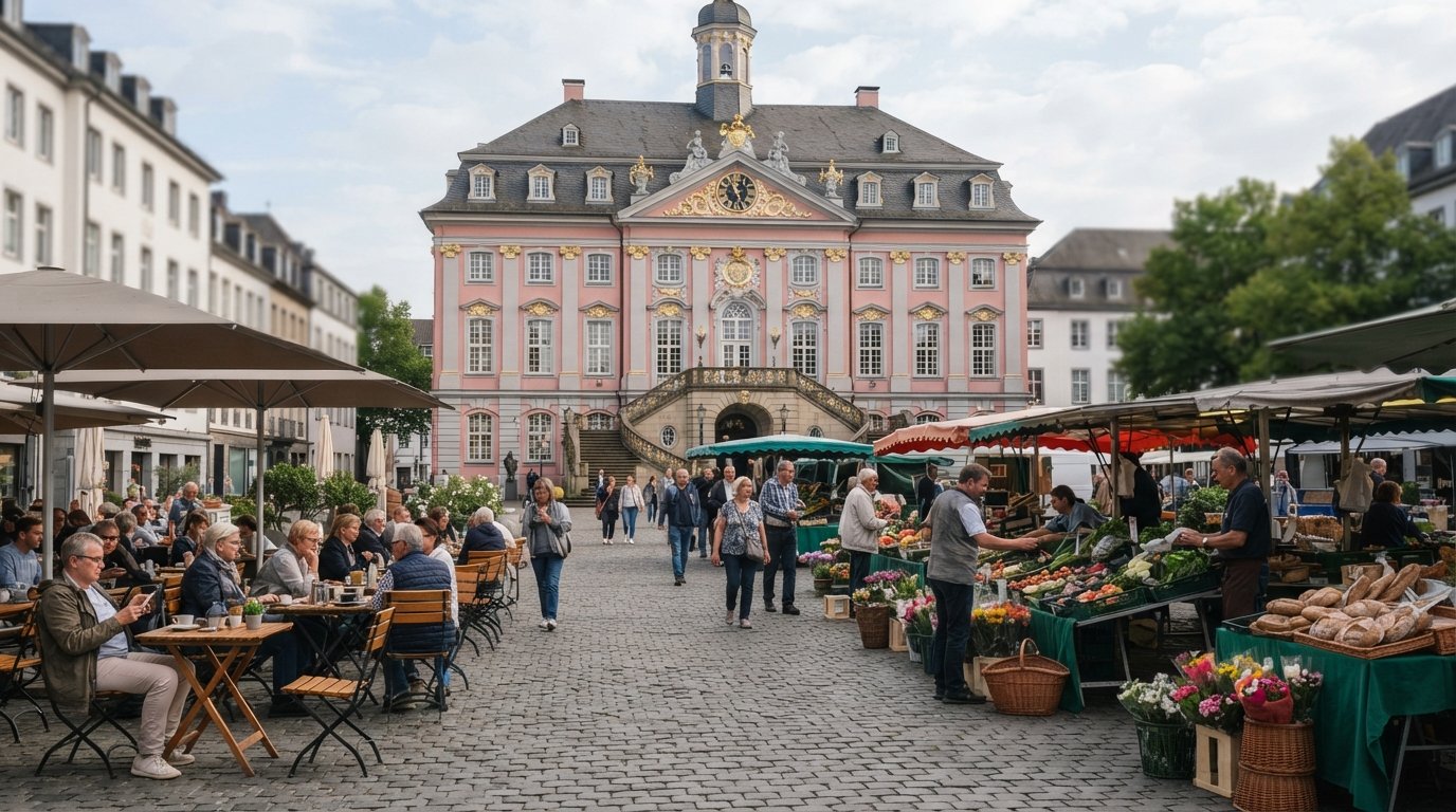 the Marktplatz in Bonn’s Zentrum beneath the pink Baroque Altes Rathaus, with market stalls and café tables in soft morning light