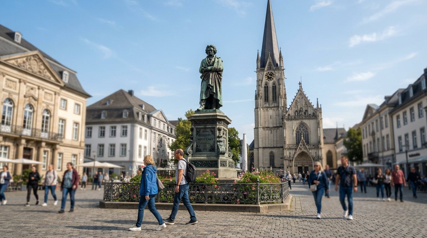 Beethoven’s bronze monument on Münsterplatz in Bonn, framed by the open square and the Minster’s soaring spire on a clear afternoon