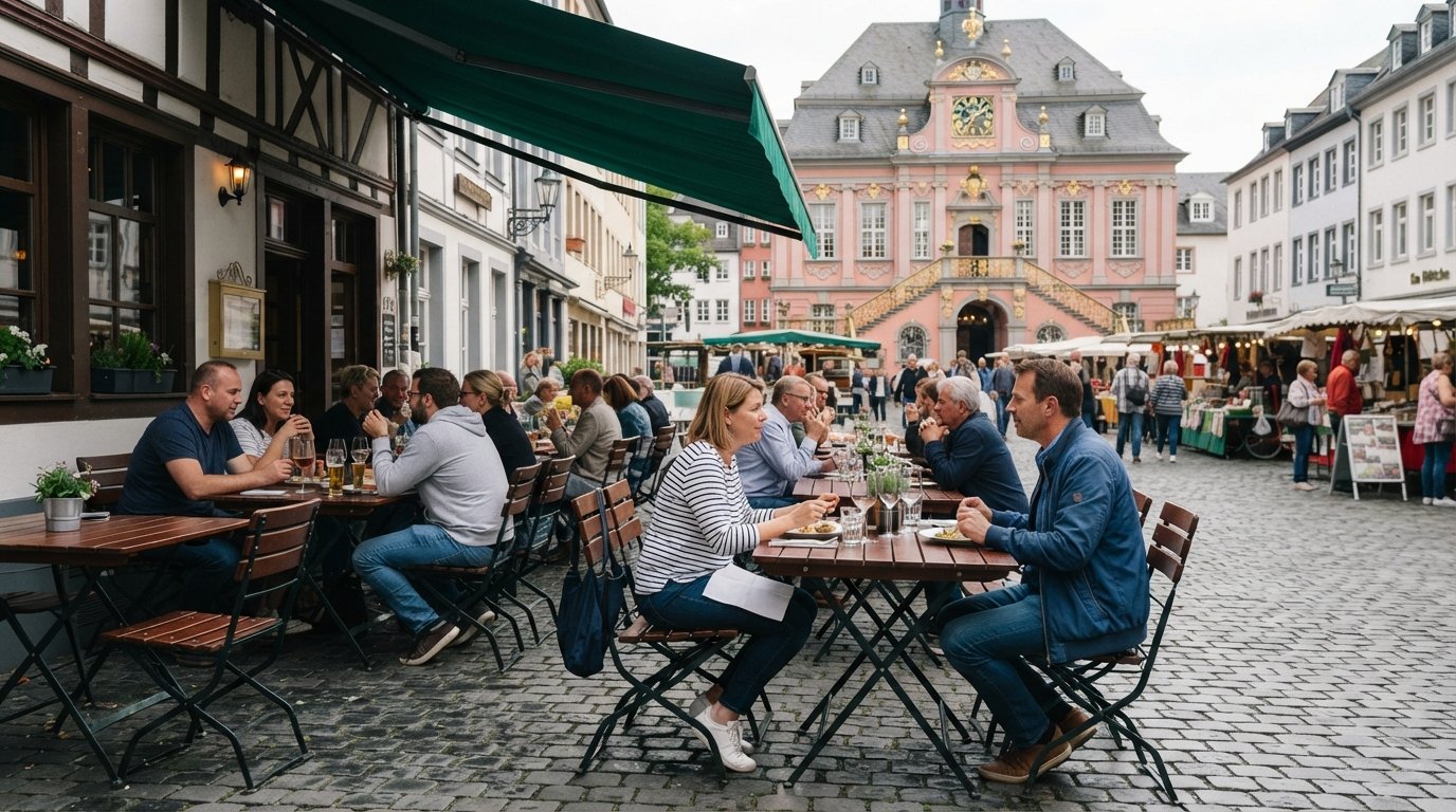 the terrace of Em Höttche on Bonn’s Marktplatz, tables facing the market and the pink Altes Rathaus in the background
