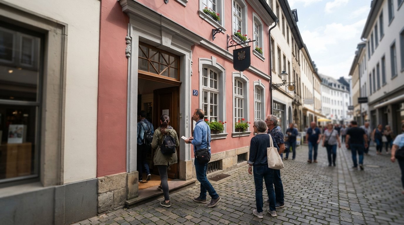 the facade of Beethoven-Haus on Bonngasse 20 in Bonn, a modest historic house on a narrow pedestrian street with visitors entering