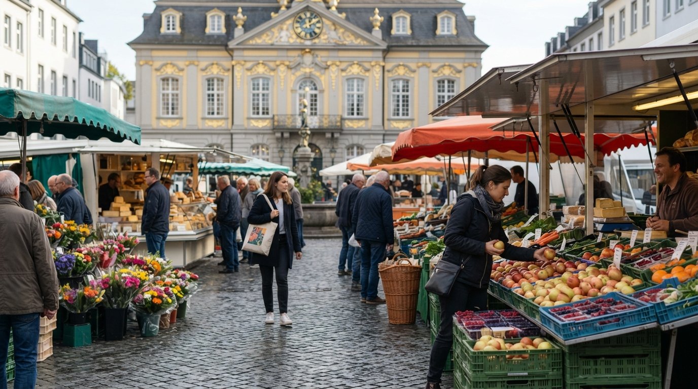the daily market on Bonn’s Marktplatz, with fruit, flowers, cheese and street-food stalls busy on a weekday morning
